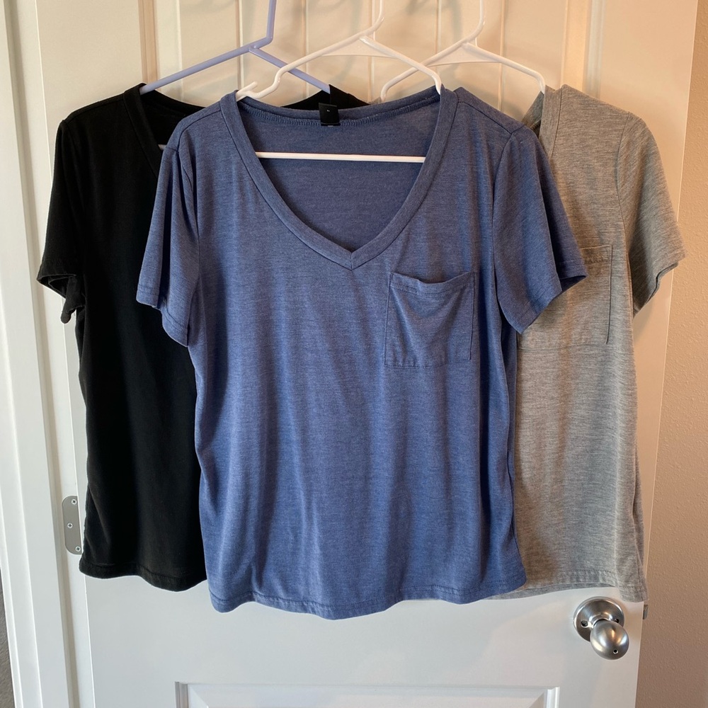 SHEIN Short Sleeve V-Neck Trio - Black, Blue, Gray